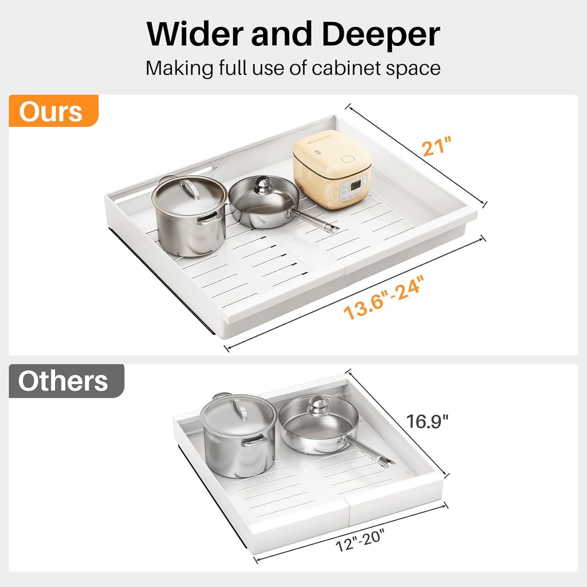 Pull out Cabinet Organizer, Expandable(13.6"-24") Silde out Drawers with Raising Pad for Framed Cabinets, Adjustable Full-Extension Adhesive Roll out Shelves for Kitchen Pantry Home Pot and Pan