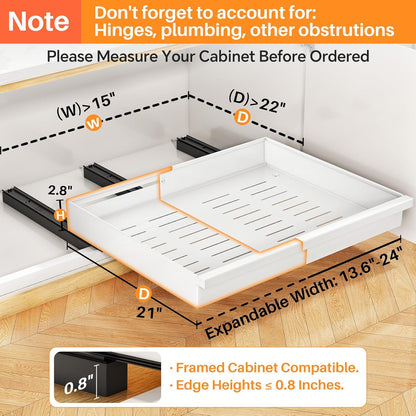 Pull out Cabinet Organizer, Expandable(13.6"-24") Silde out Drawers with Raising Pad for Framed Cabinets, Adjustable Full-Extension Adhesive Roll out Shelves for Kitchen Pantry Home Pot and Pan