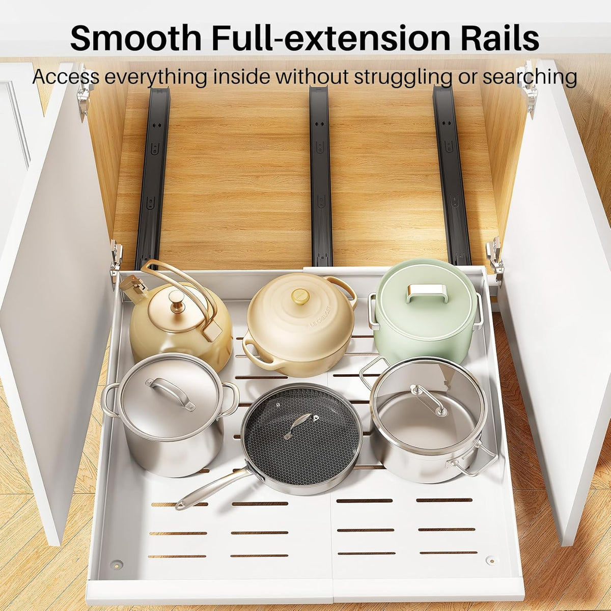 Pull out Cabinet Organizer, Expandable(13.6"-24") Silde out Drawers with Raising Pad for Framed Cabinets, Adjustable Full-Extension Adhesive Roll out Shelves for Kitchen Pantry Home Pot and Pan