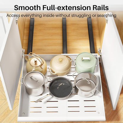 Pull out Cabinet Organizer, Expandable(13.6"-24") Silde out Drawers with Raising Pad for Framed Cabinets, Adjustable Full-Extension Adhesive Roll out Shelves for Kitchen Pantry Home Pot and Pan