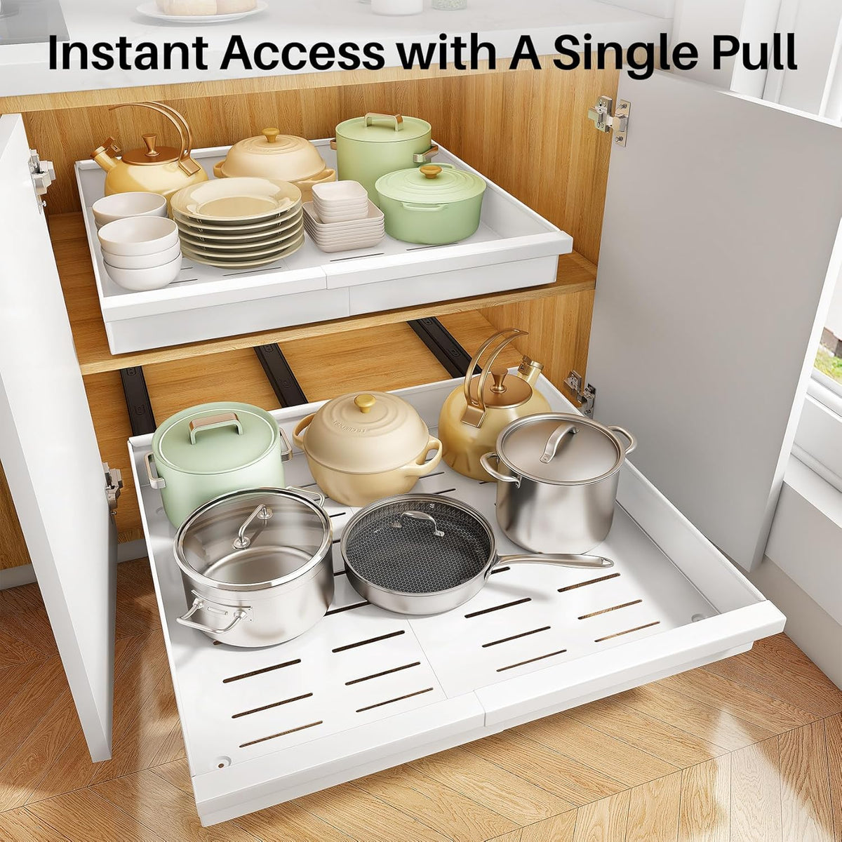 Pull out Cabinet Organizer, Expandable(13.6"-24") Silde out Drawers with Raising Pad for Framed Cabinets, Adjustable Full-Extension Adhesive Roll out Shelves for Kitchen Pantry Home Pot and Pan