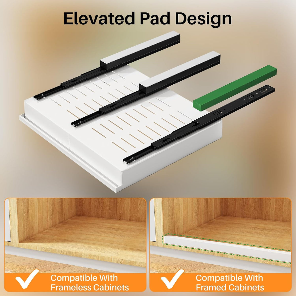 Pull out Cabinet Organizer, Expandable(13.6"-24") Silde out Drawers with Raising Pad for Framed Cabinets, Adjustable Full-Extension Adhesive Roll out Shelves for Kitchen Pantry Home Pot and Pan