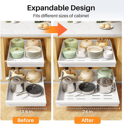 Pull out Cabinet Organizer, Expandable(13.6"-24") Silde out Drawers with Raising Pad for Framed Cabinets, Adjustable Full-Extension Adhesive Roll out Shelves for Kitchen Pantry Home Pot and Pan