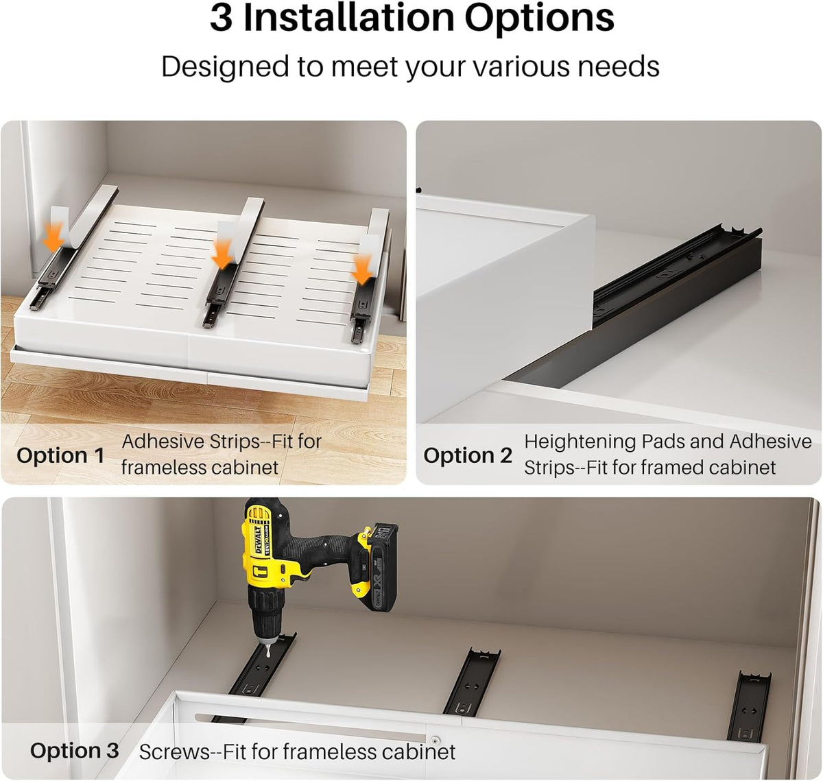 Pull out Cabinet Organizer, Expandable(13.6"-24") Silde out Drawers with Raising Pad for Framed Cabinets, Adjustable Full-Extension Adhesive Roll out Shelves for Kitchen Pantry Home Pot and Pan