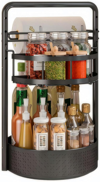 Rotating Spice Rack with Paper Towel Holder, Black | 2 Tier Lazy Susan, Sturdy Iron, Seasoning Organizer, Kitchen Countertop