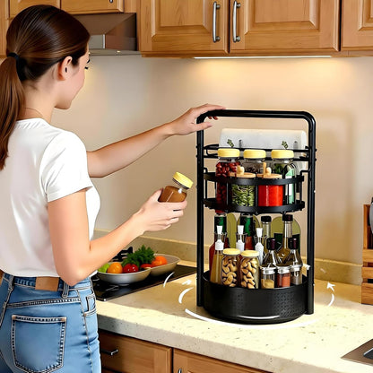 Rotating Spice Rack with Paper Towel Holder, Black | 2 Tier Lazy Susan, Sturdy Iron, Seasoning Organizer, Kitchen Countertop