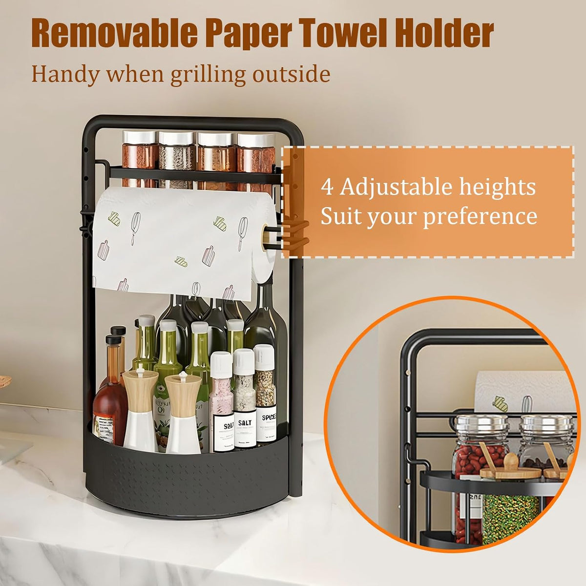 Rotating Spice Rack with Paper Towel Holder, Black | 2 Tier Lazy Susan, Sturdy Iron, Seasoning Organizer, Kitchen Countertop