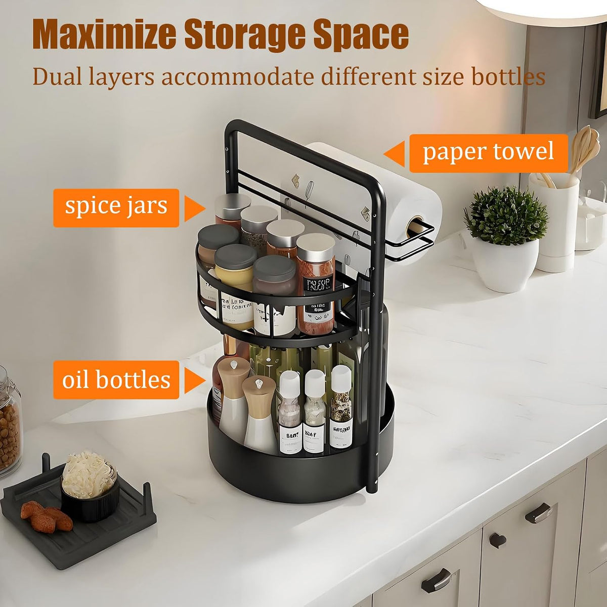 Rotating Spice Rack with Paper Towel Holder, Black | 2 Tier Lazy Susan, Sturdy Iron, Seasoning Organizer, Kitchen Countertop