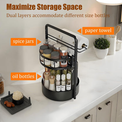 Rotating Spice Rack with Paper Towel Holder, Black | 2 Tier Lazy Susan, Sturdy Iron, Seasoning Organizer, Kitchen Countertop