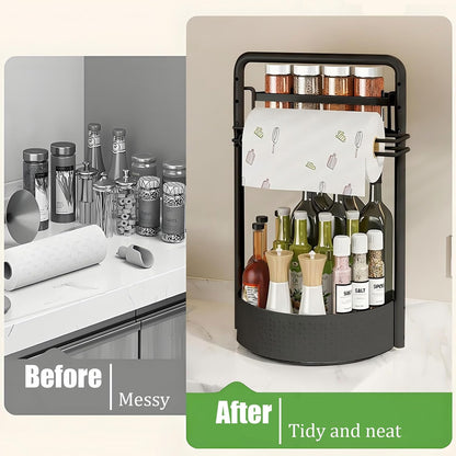 Rotating Spice Rack with Paper Towel Holder, Black | 2 Tier Lazy Susan, Sturdy Iron, Seasoning Organizer, Kitchen Countertop