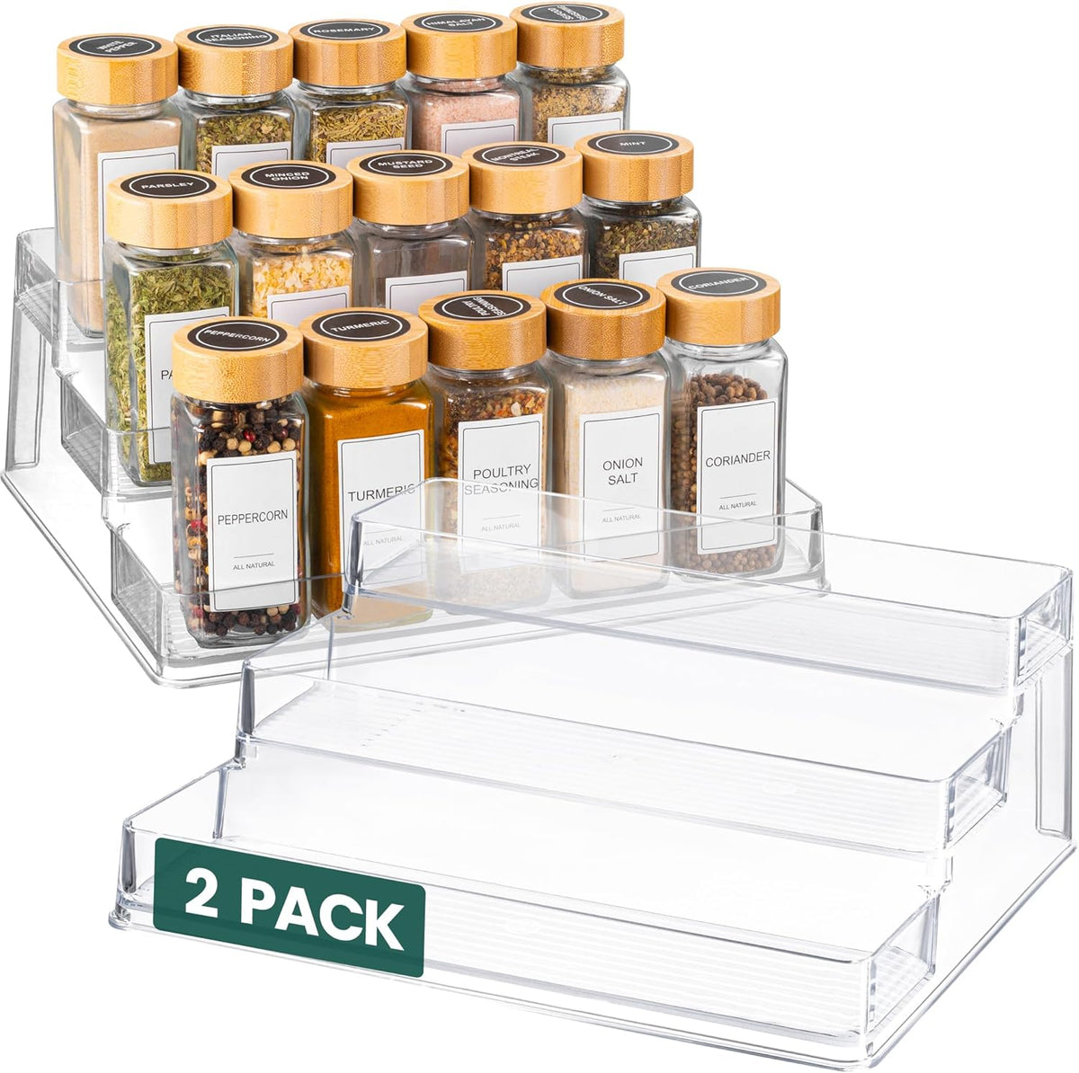 Clear Spice Rack - 3-Tier Acrylic Organizer for Cabinet - Deep Spice Shelf - 10.4 x 9.6 x 4 Inches - Holds Seasoning and Condiments