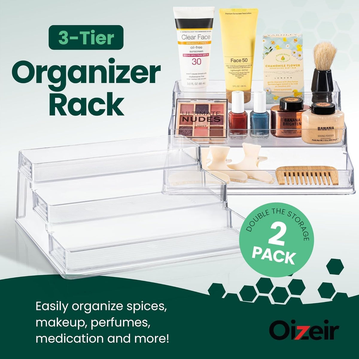 Clear Spice Rack - 3-Tier Acrylic Organizer for Cabinet - Deep Spice Shelf - 10.4 x 9.6 x 4 Inches - Holds Seasoning and Condiments