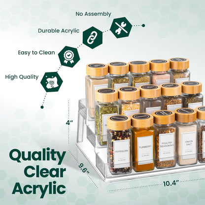 Clear Spice Rack - 3-Tier Acrylic Organizer for Cabinet - Deep Spice Shelf - 10.4 x 9.6 x 4 Inches - Holds Seasoning and Condiments