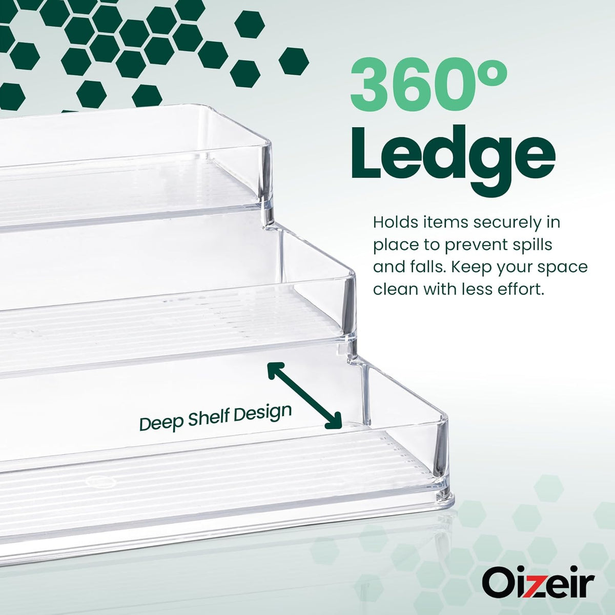 Clear Spice Rack - 3-Tier Acrylic Organizer for Cabinet - Deep Spice Shelf - 10.4 x 9.6 x 4 Inches - Holds Seasoning and Condiments