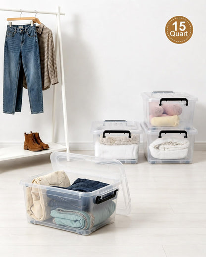7Qt Clear Plastic Storage Bins with Lids,Transparent Design,6 Pack | Stackable organizing totes with buckle latches & handles.Dust-proof clear design for home,office & pantry space saving