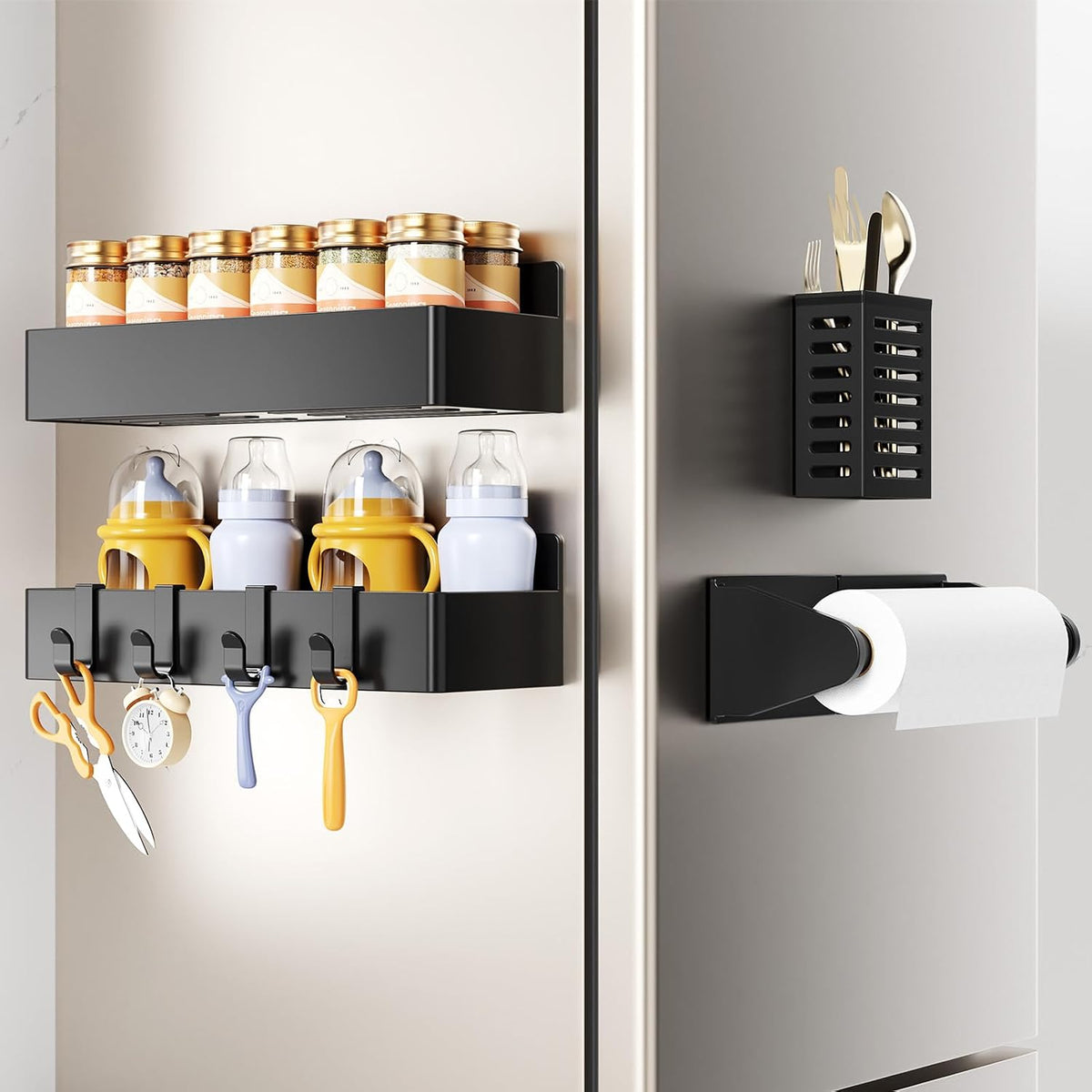 Magnetic Spice Rack for Refrigerator, Magnetic Shelf,Fridge Magnet Organizer with Paper Towel Holder,Utensils Racks,Hook Rack,Fridge Organizers and Storage Black