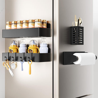 Magnetic Spice Rack for Refrigerator, Magnetic Shelf,Fridge Magnet Organizer with Paper Towel Holder,Utensils Racks,Hook Rack,Fridge Organizers and Storage Black