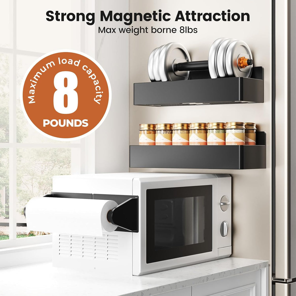 Magnetic Spice Rack for Refrigerator, Magnetic Shelf,Fridge Magnet Organizer with Paper Towel Holder,Utensils Racks,Hook Rack,Fridge Organizers and Storage Black