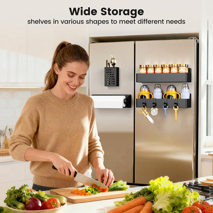 Magnetic Spice Rack for Refrigerator, Magnetic Shelf,Fridge Magnet Organizer with Paper Towel Holder,Utensils Racks,Hook Rack,Fridge Organizers and Storage Black