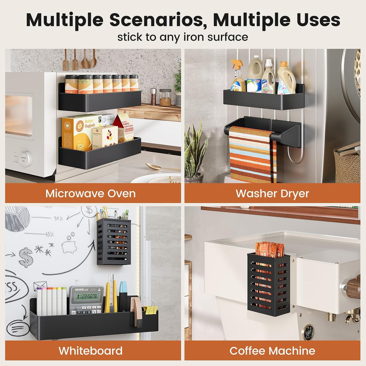 Magnetic Spice Rack for Refrigerator, Magnetic Shelf,Fridge Magnet Organizer with Paper Towel Holder,Utensils Racks,Hook Rack,Fridge Organizers and Storage Black