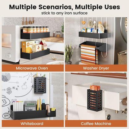 Magnetic Spice Rack for Refrigerator, Magnetic Shelf,Fridge Magnet Organizer with Paper Towel Holder,Utensils Racks,Hook Rack,Fridge Organizers and Storage Black
