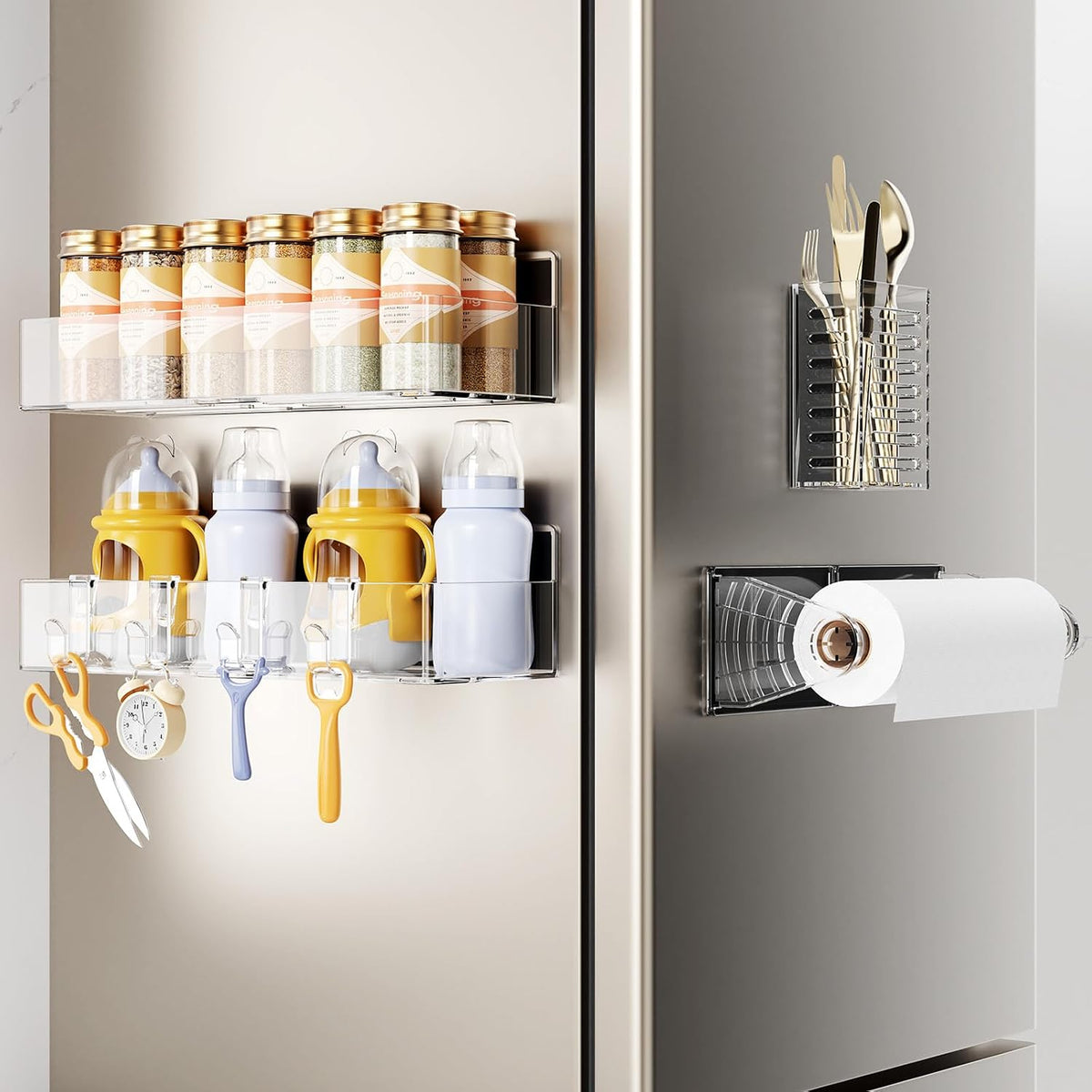 Magnetic Spice Rack for Refrigerator, Magnetic Shelf,Fridge Magnet Organizer with Paper Towel Holder,Utensils Racks,Hook Rack,Fridge Organizers and Storage Black