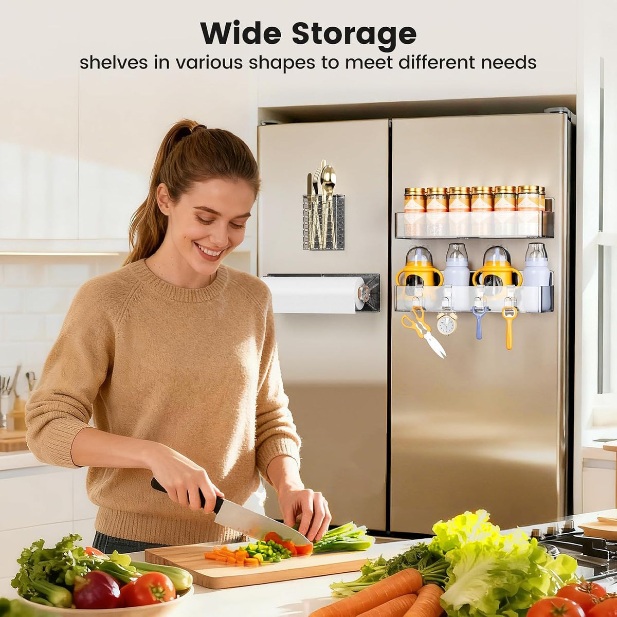 Magnetic Spice Rack for Refrigerator, Magnetic Shelf,Fridge Magnet Organizer with Paper Towel Holder,Utensils Racks,Hook Rack,Fridge Organizers and Storage Black