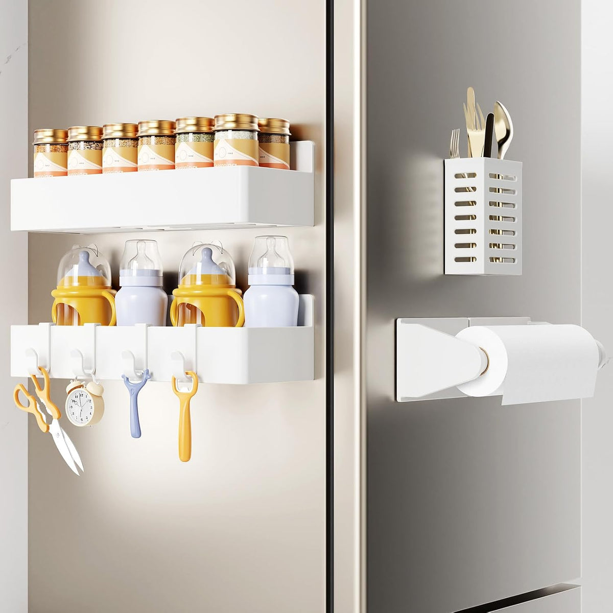 Magnetic Spice Rack for Refrigerator, Magnetic Shelf,Fridge Magnet Organizer with Paper Towel Holder,Utensils Racks,Hook Rack,Fridge Organizers and Storage Black