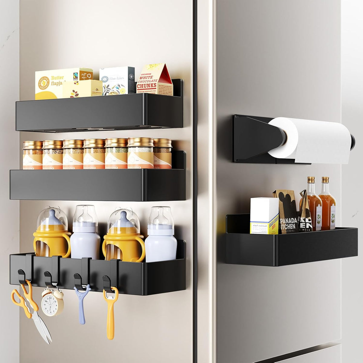 Magnetic Spice Rack for Refrigerator, Magnetic Shelf,Fridge Magnet Organizer with Paper Towel Holder,Utensils Racks,Hook Rack,Fridge Organizers and Storage Black