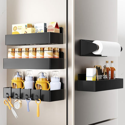 Magnetic Spice Rack for Refrigerator, Magnetic Shelf,Fridge Magnet Organizer with Paper Towel Holder,Utensils Racks,Hook Rack,Fridge Organizers and Storage Black