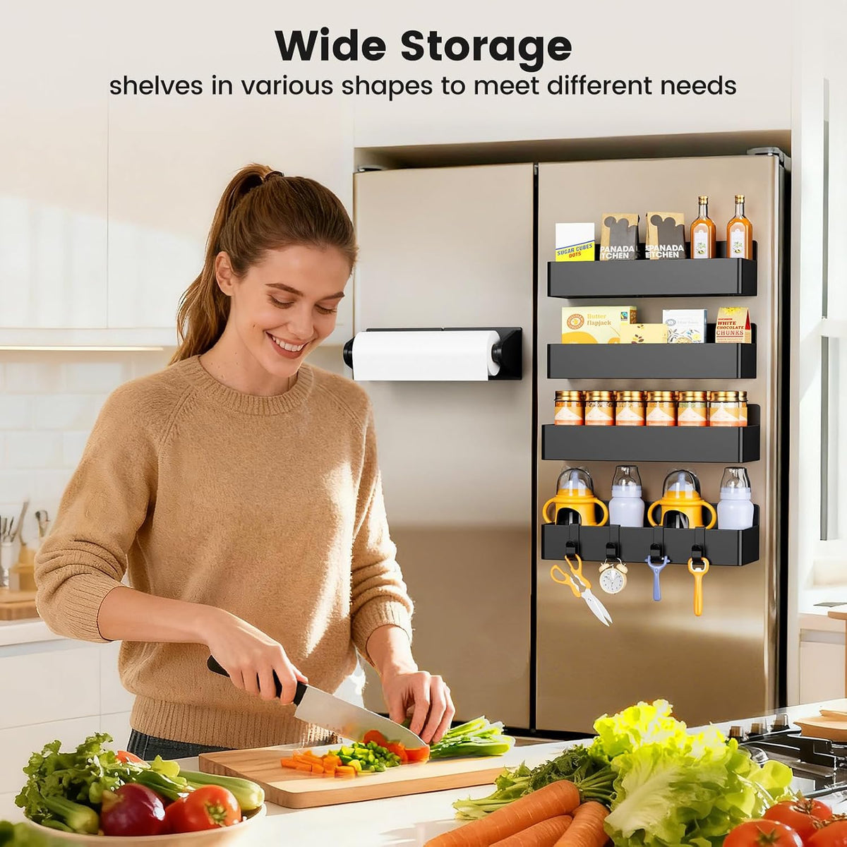 Magnetic Spice Rack for Refrigerator, Magnetic Shelf,Fridge Magnet Organizer with Paper Towel Holder,Utensils Racks,Hook Rack,Fridge Organizers and Storage Black
