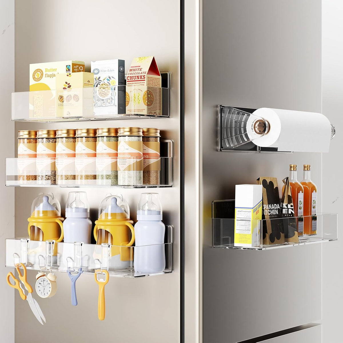 Magnetic Spice Rack for Refrigerator, Magnetic Shelf,Fridge Magnet Organizer with Paper Towel Holder,Utensils Racks,Hook Rack,Fridge Organizers and Storage Black