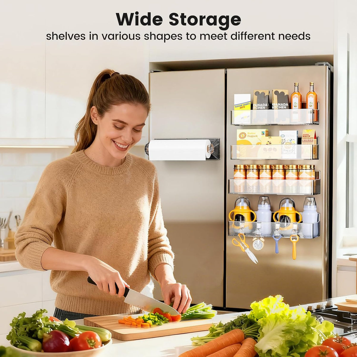 Magnetic Spice Rack for Refrigerator, Magnetic Shelf,Fridge Magnet Organizer with Paper Towel Holder,Utensils Racks,Hook Rack,Fridge Organizers and Storage Black