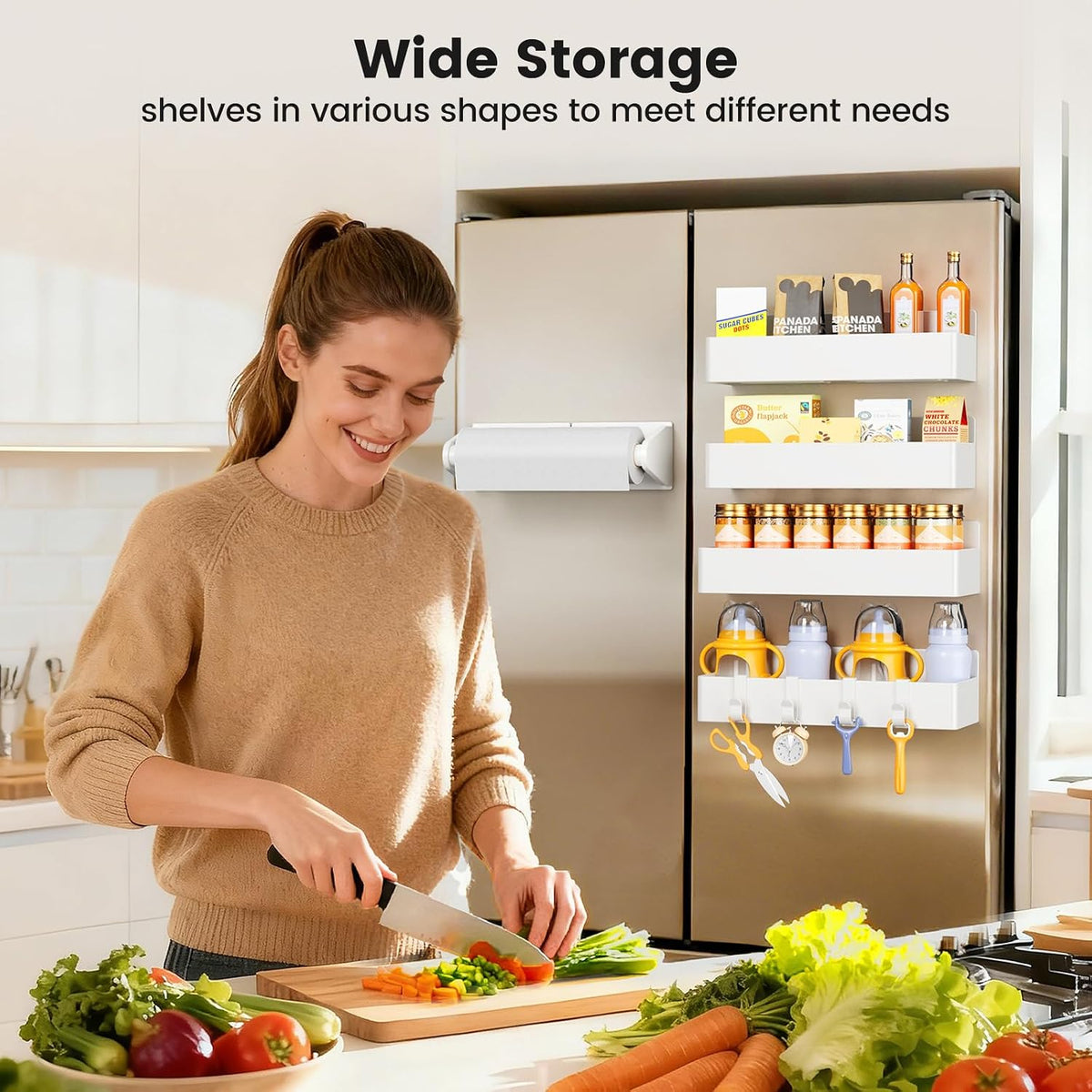 Magnetic Spice Rack for Refrigerator, Magnetic Shelf,Fridge Magnet Organizer with Paper Towel Holder,Utensils Racks,Hook Rack,Fridge Organizers and Storage Black