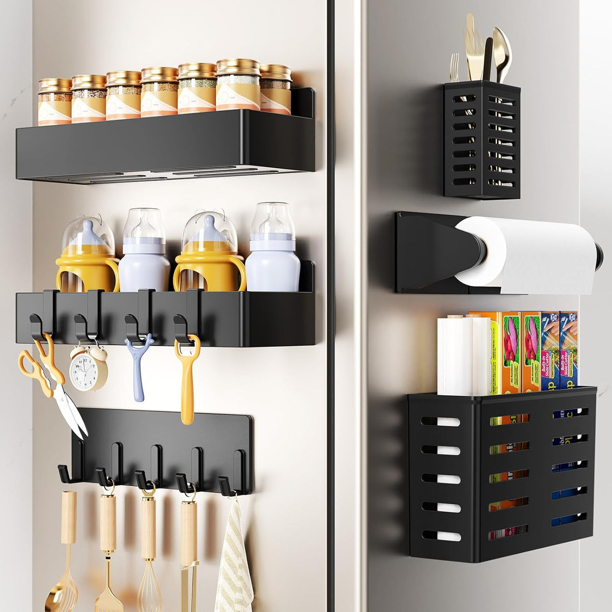 Magnetic Spice Rack for Refrigerator, Magnetic Shelf,Fridge Magnet Organizer with Paper Towel Holder,Utensils Racks,Hook Rack,Fridge Organizers and Storage Black