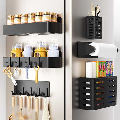 Magnetic Spice Rack for Refrigerator, Magnetic Shelf,Fridge Magnet Organizer with Paper Towel Holder,Utensils Racks,Hook Rack,Fridge Organizers and Storage Black