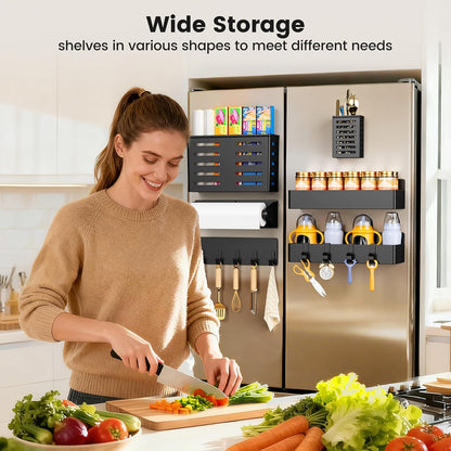Magnetic Spice Rack for Refrigerator, Magnetic Shelf,Fridge Magnet Organizer with Paper Towel Holder,Utensils Racks,Hook Rack,Fridge Organizers and Storage Black
