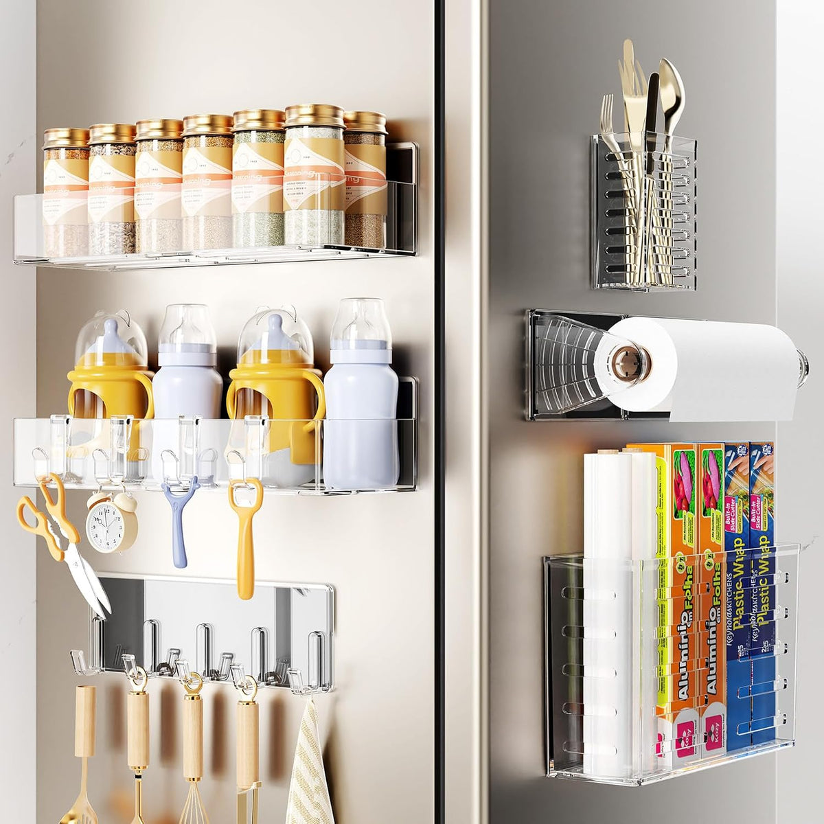 Magnetic Spice Rack for Refrigerator, Magnetic Shelf,Fridge Magnet Organizer with Paper Towel Holder,Utensils Racks,Hook Rack,Fridge Organizers and Storage Black
