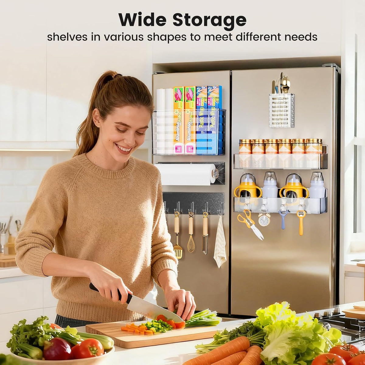 Magnetic Spice Rack for Refrigerator, Magnetic Shelf,Fridge Magnet Organizer with Paper Towel Holder,Utensils Racks,Hook Rack,Fridge Organizers and Storage Black