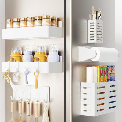 Magnetic Spice Rack for Refrigerator, Magnetic Shelf,Fridge Magnet Organizer with Paper Towel Holder,Utensils Racks,Hook Rack,Fridge Organizers and Storage Black