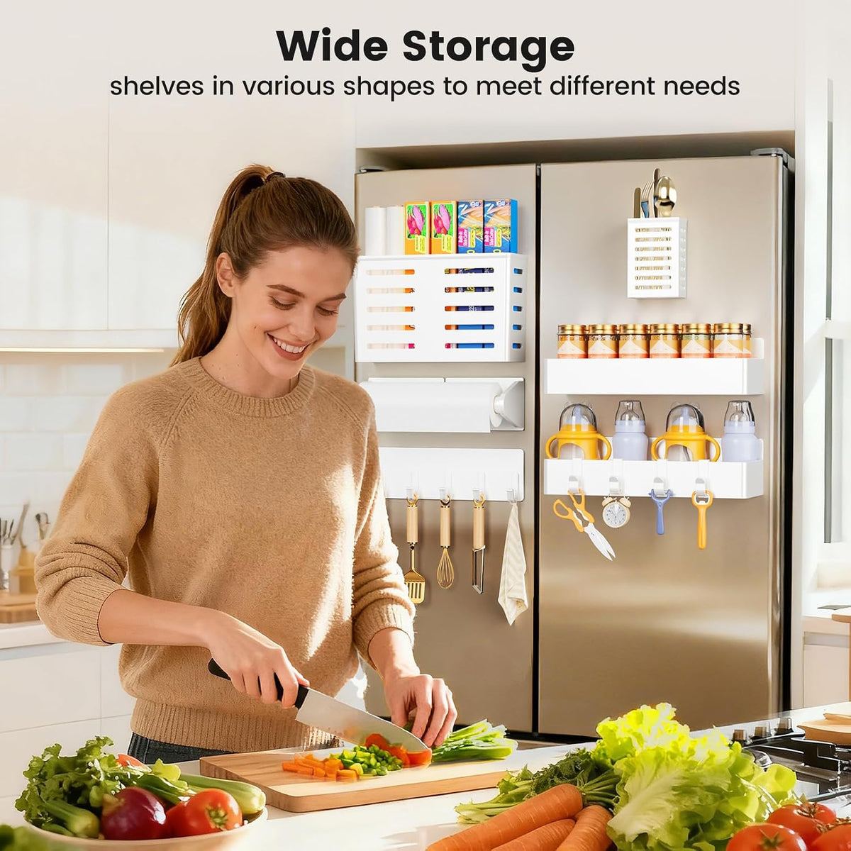 Magnetic Spice Rack for Refrigerator, Magnetic Shelf,Fridge Magnet Organizer with Paper Towel Holder,Utensils Racks,Hook Rack,Fridge Organizers and Storage Black