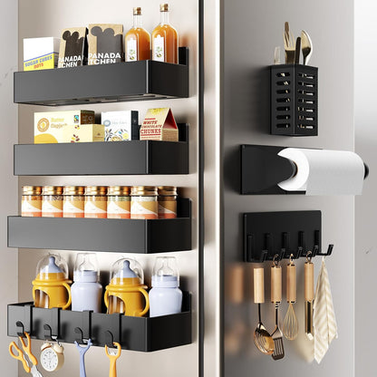Magnetic Spice Rack for Refrigerator, Magnetic Shelf,Fridge Magnet Organizer with Paper Towel Holder,Utensils Racks,Hook Rack,Fridge Organizers and Storage Black
