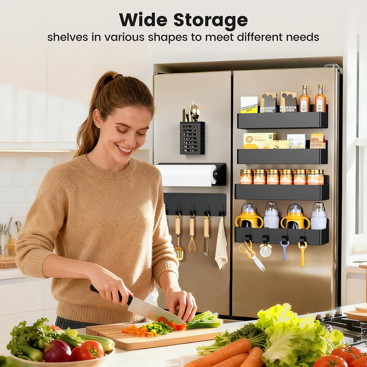 Magnetic Spice Rack for Refrigerator, Magnetic Shelf,Fridge Magnet Organizer with Paper Towel Holder,Utensils Racks,Hook Rack,Fridge Organizers and Storage Black