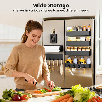 Magnetic Spice Rack for Refrigerator, Magnetic Shelf,Fridge Magnet Organizer with Paper Towel Holder,Utensils Racks,Hook Rack,Fridge Organizers and Storage Black