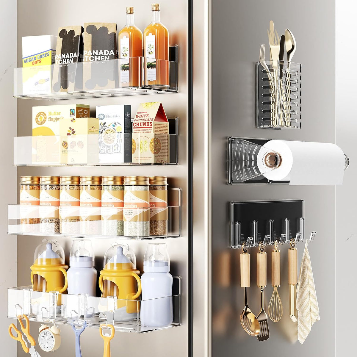 Magnetic Spice Rack for Refrigerator, Magnetic Shelf,Fridge Magnet Organizer with Paper Towel Holder,Utensils Racks,Hook Rack,Fridge Organizers and Storage Black
