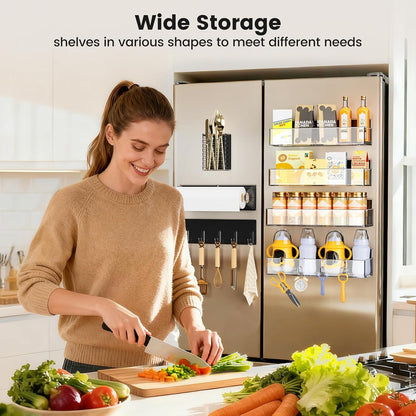 Magnetic Spice Rack for Refrigerator, Magnetic Shelf,Fridge Magnet Organizer with Paper Towel Holder,Utensils Racks,Hook Rack,Fridge Organizers and Storage Black