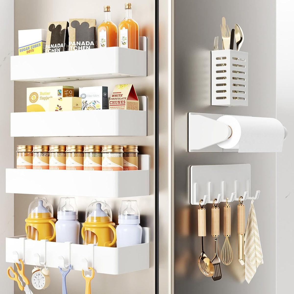 Magnetic Spice Rack for Refrigerator, Magnetic Shelf,Fridge Magnet Organizer with Paper Towel Holder,Utensils Racks,Hook Rack,Fridge Organizers and Storage Black