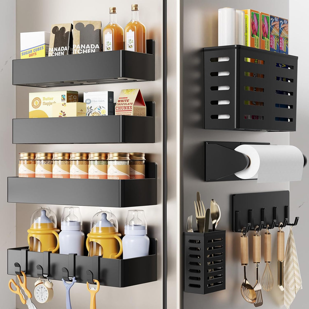 Magnetic Spice Rack for Refrigerator, Magnetic Shelf,Fridge Magnet Organizer with Paper Towel Holder,Utensils Racks,Hook Rack,Fridge Organizers and Storage Black