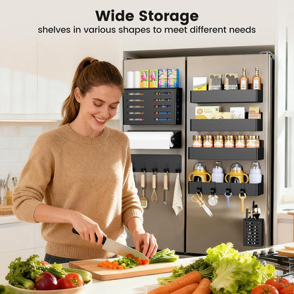 Magnetic Spice Rack for Refrigerator, Magnetic Shelf,Fridge Magnet Organizer with Paper Towel Holder,Utensils Racks,Hook Rack,Fridge Organizers and Storage Black