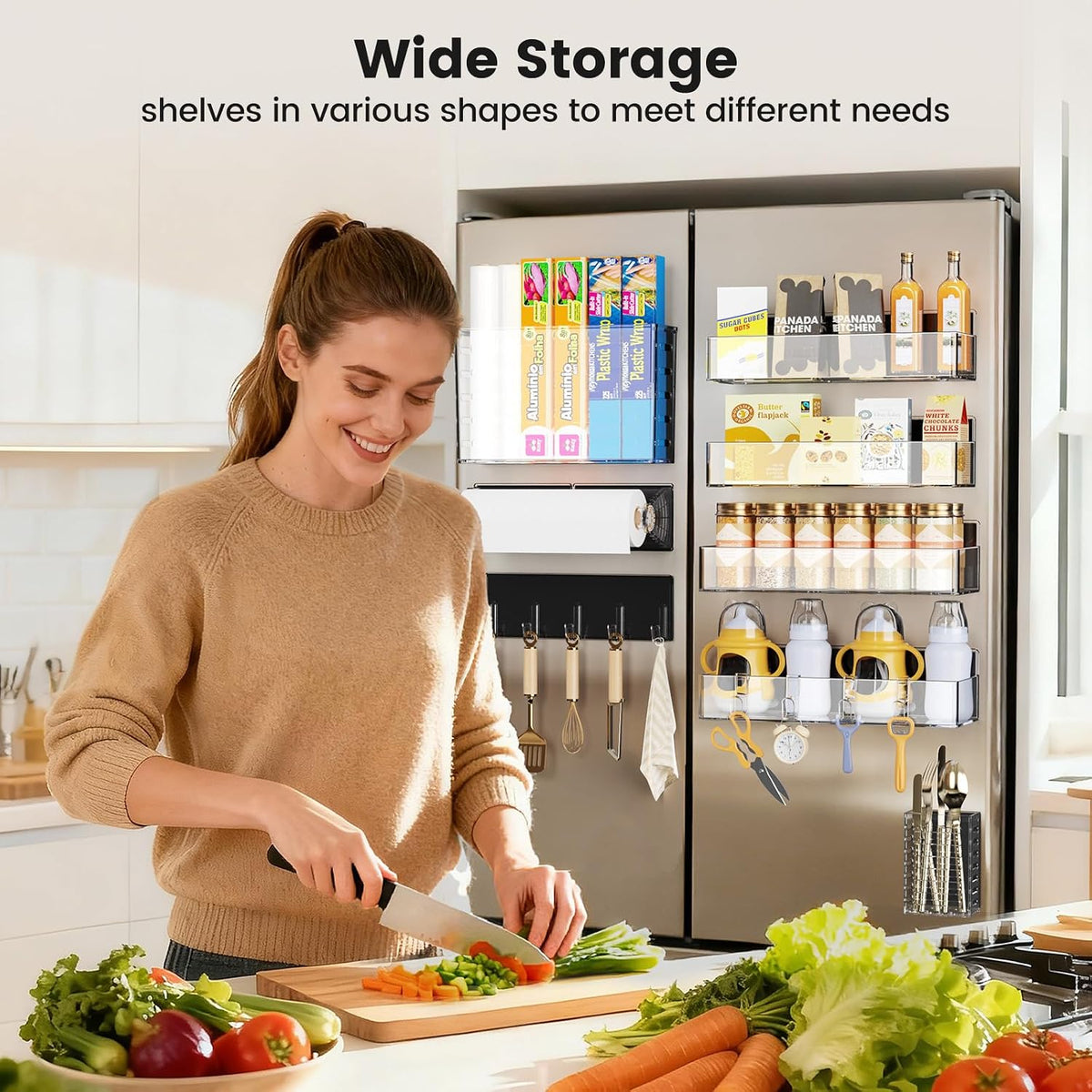 Magnetic Spice Rack for Refrigerator, Magnetic Shelf,Fridge Magnet Organizer with Paper Towel Holder,Utensils Racks,Hook Rack,Fridge Organizers and Storage Black